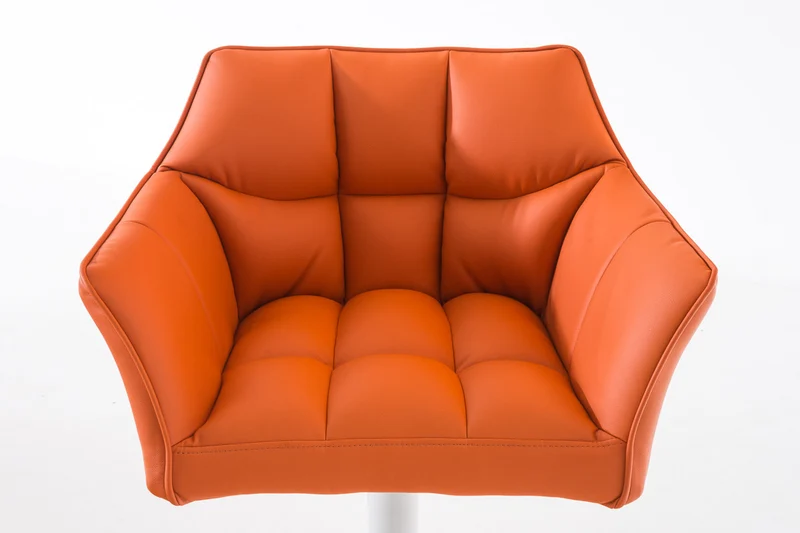Tabouret de bar chaise haute de comptoir couture carrées assise en PVC orange cadre en métal blanc 10_0004739