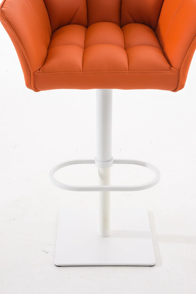 Tabouret de bar chaise haute de comptoir couture carrées assise en PVC orange cadre en métal blanc 10_0004739