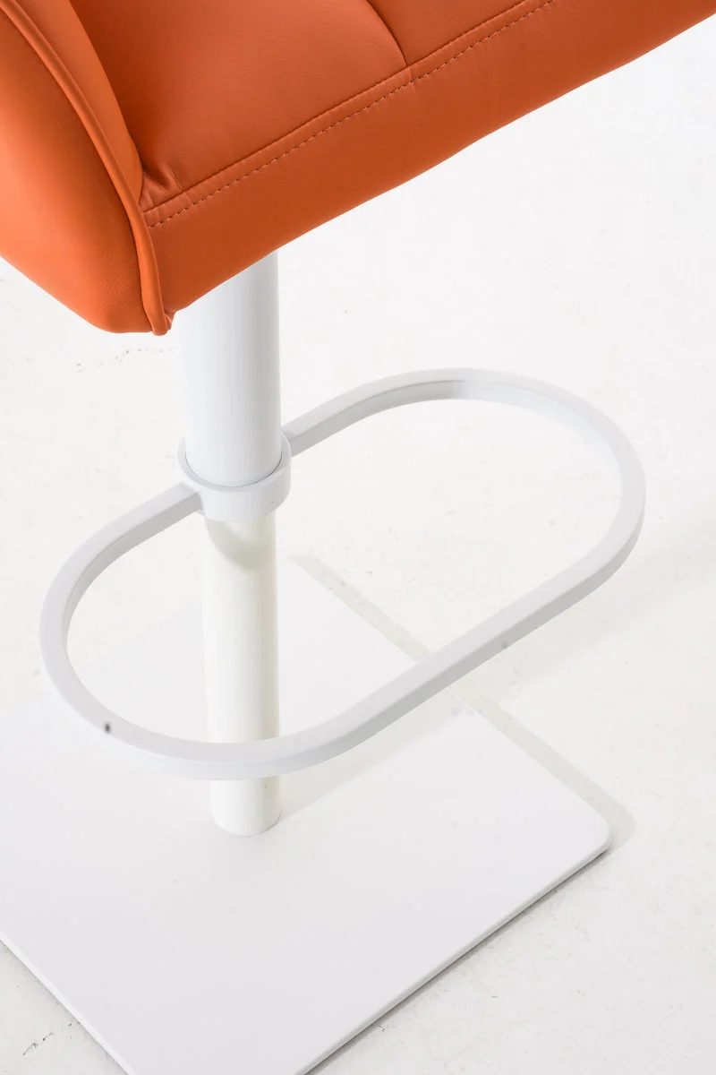 Tabouret de bar chaise haute de comptoir couture carrées assise en PVC orange cadre en métal blanc 10_0004739