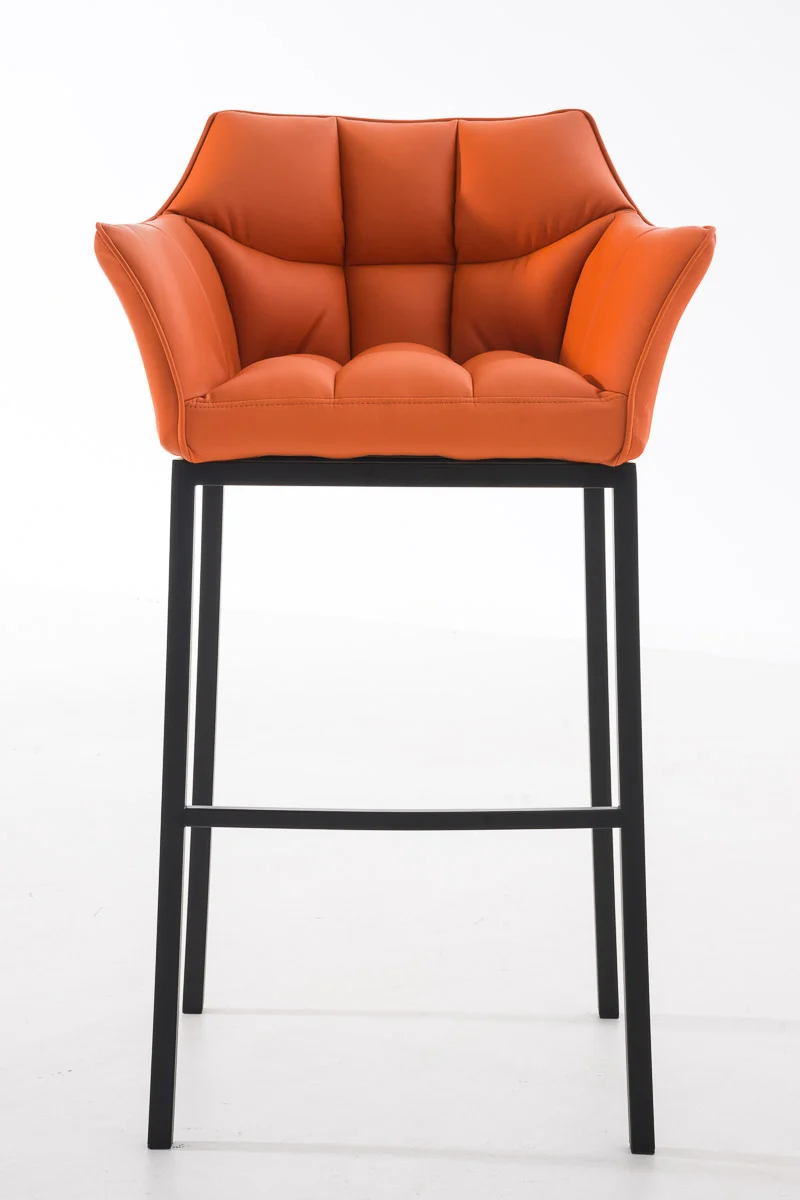 Tabouret de bar chaise haute de comptoir couture carrées assise en PVC orange 4 pieds stables en métal noir 10_0004688
