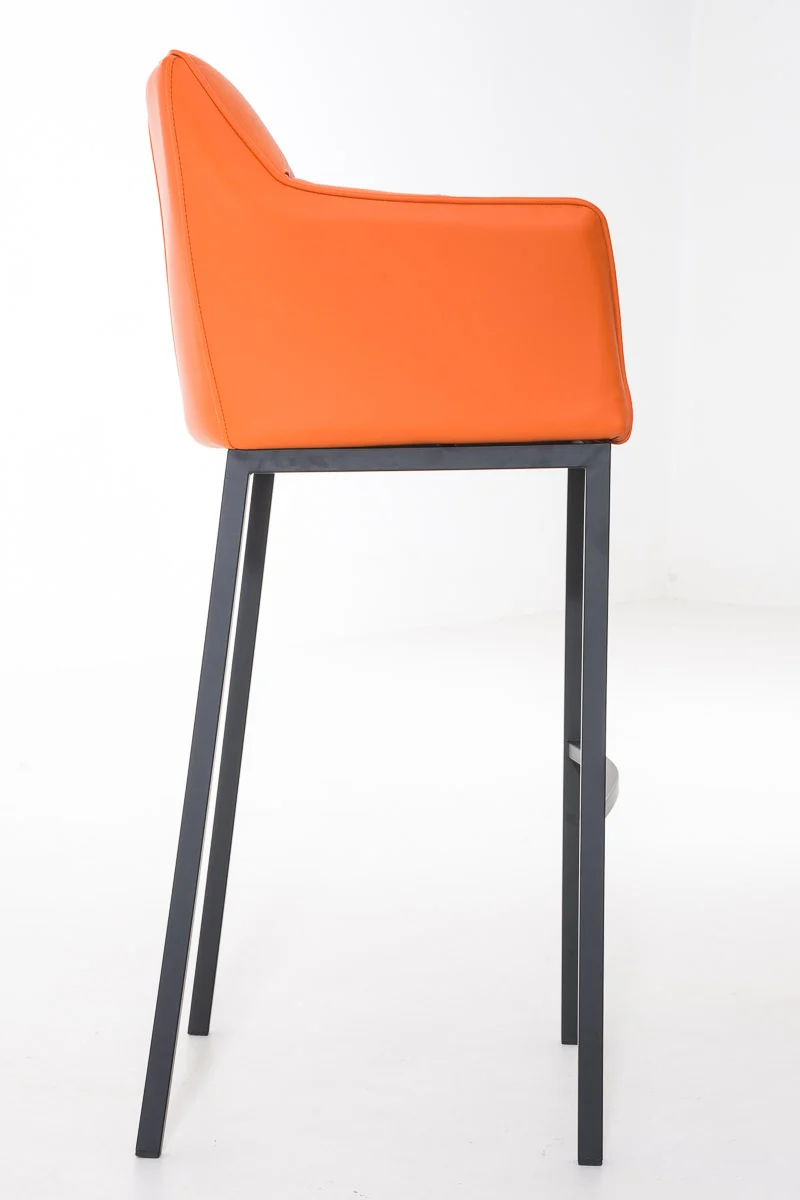 Tabouret de bar chaise haute de comptoir couture carrées assise en PVC orange 4 pieds stables en métal noir 10_0004688