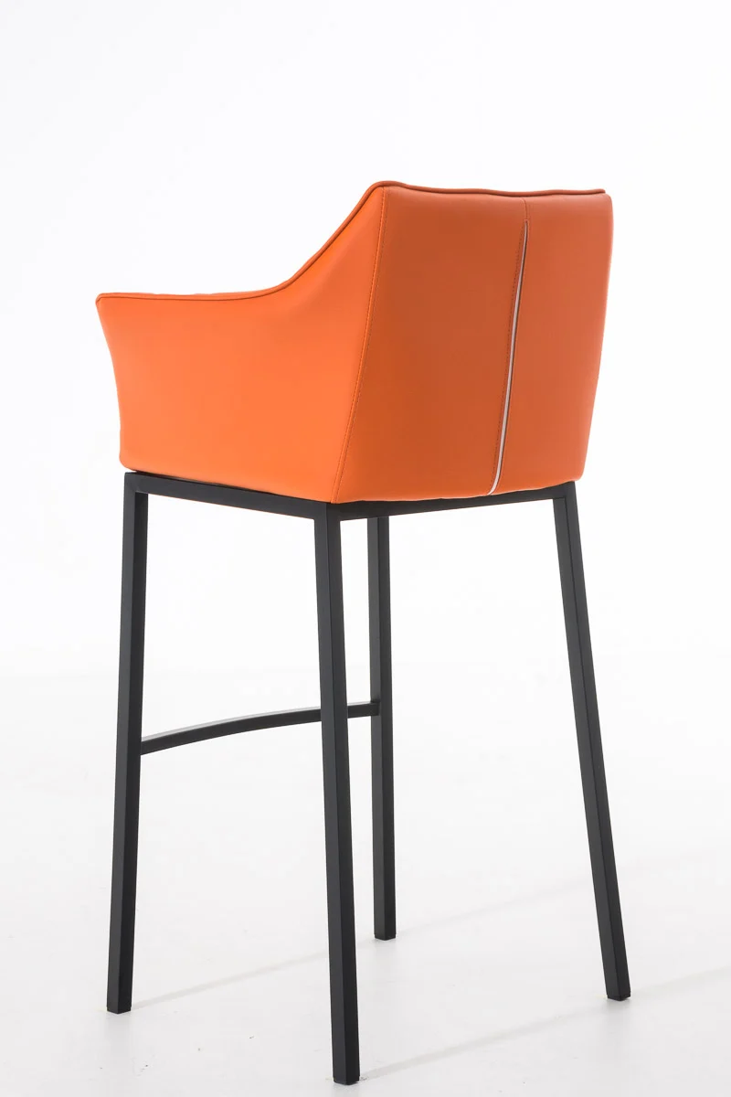 Tabouret de bar chaise haute de comptoir couture carrées assise en PVC orange 4 pieds stables en métal noir 10_0004688