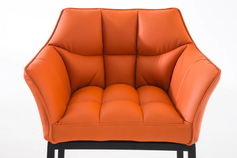 Tabouret de bar chaise haute de comptoir couture carrées assise en PVC orange 4 pieds stables en métal noir 10_0004688