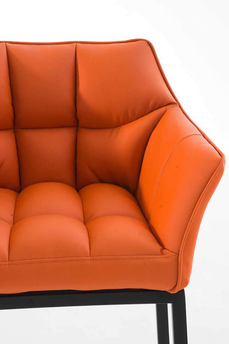 Tabouret de bar chaise haute de comptoir couture carrées assise en PVC orange 4 pieds stables en métal noir 10_0004688