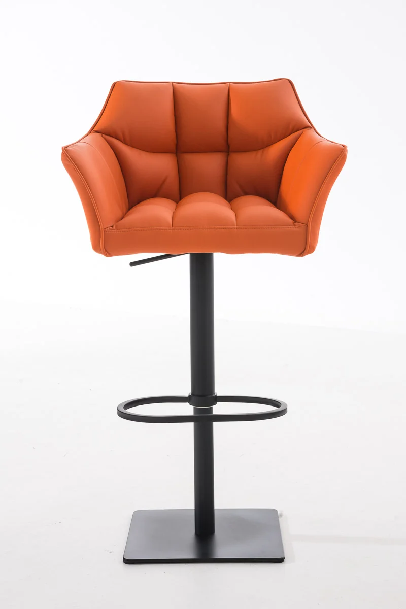 Tabouret de bar chaise haute de comptoir couture carrées assise en PVC orange cadre en métal noir 10_0004677