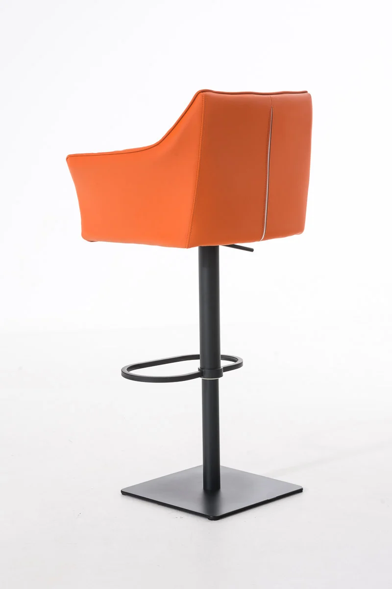 Tabouret de bar chaise haute de comptoir couture carrées assise en PVC orange cadre en métal noir 10_0004677
