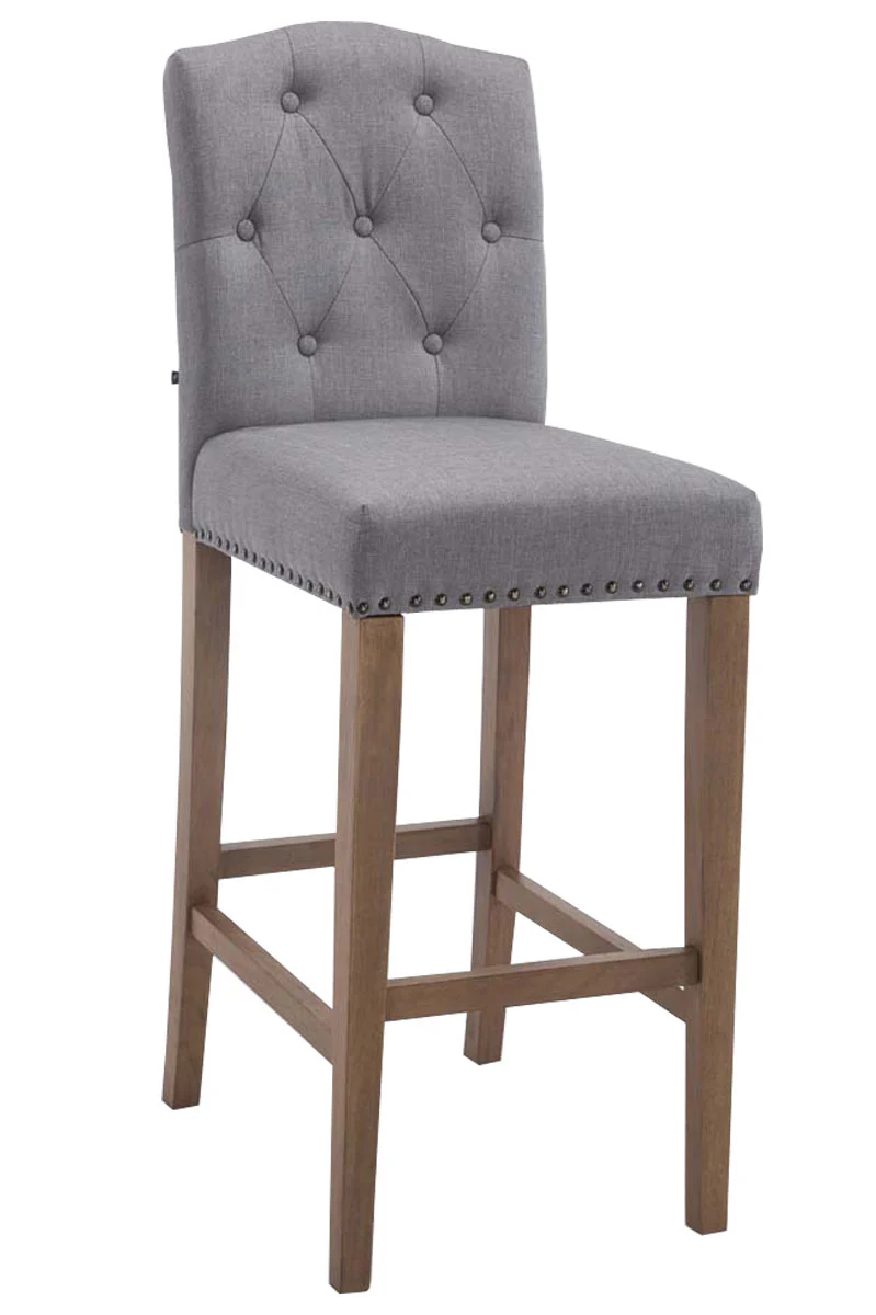 Tabouret de bar x1 dossier haut assise en tissu gris clair capitonné pieds en bois marron clair 10_0006567