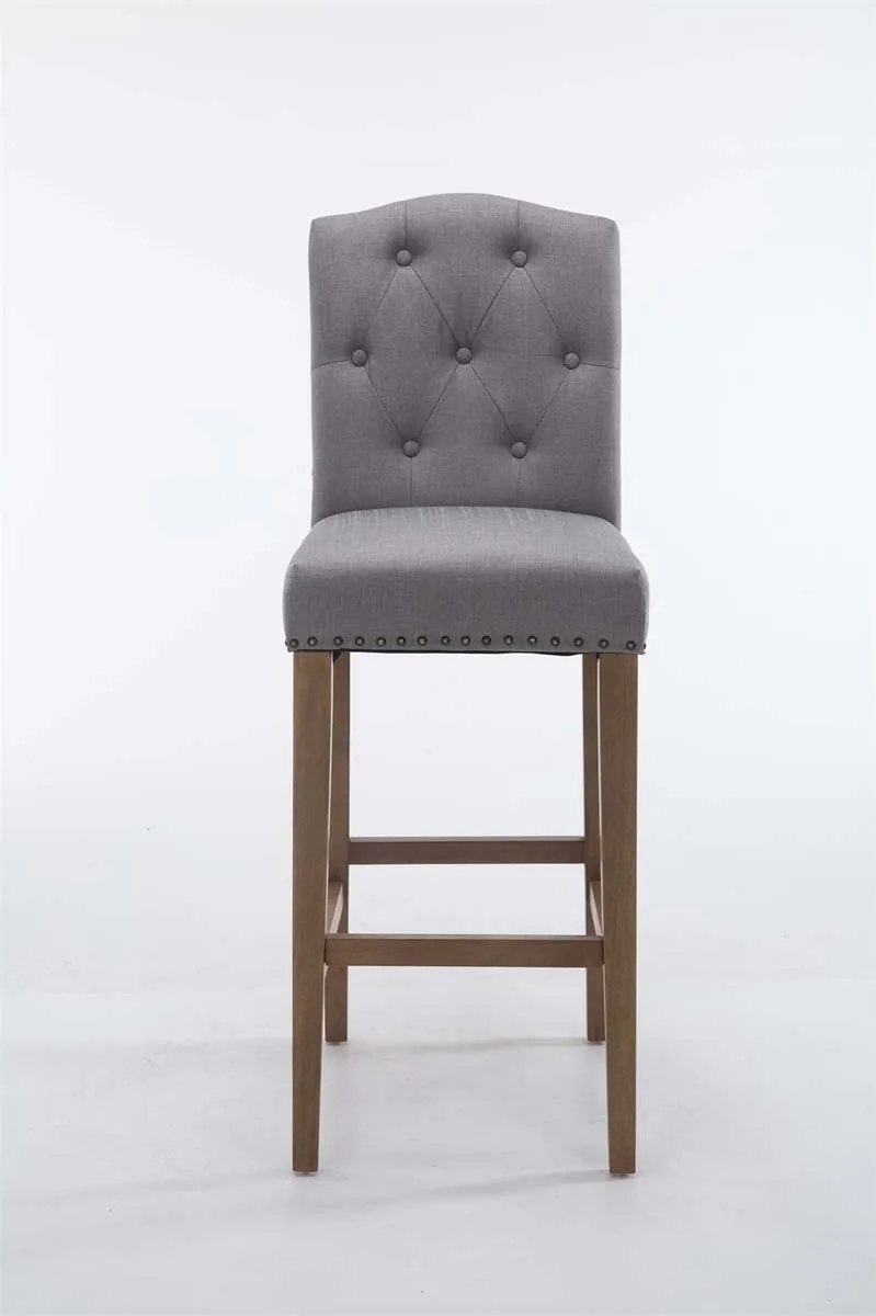 Tabouret de bar x1 dossier haut assise en tissu gris clair capitonné pieds en bois marron clair 10_0006567
