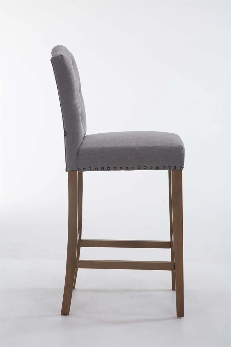 Tabouret de bar x1 dossier haut assise en tissu gris clair capitonné pieds en bois marron clair 10_0006567