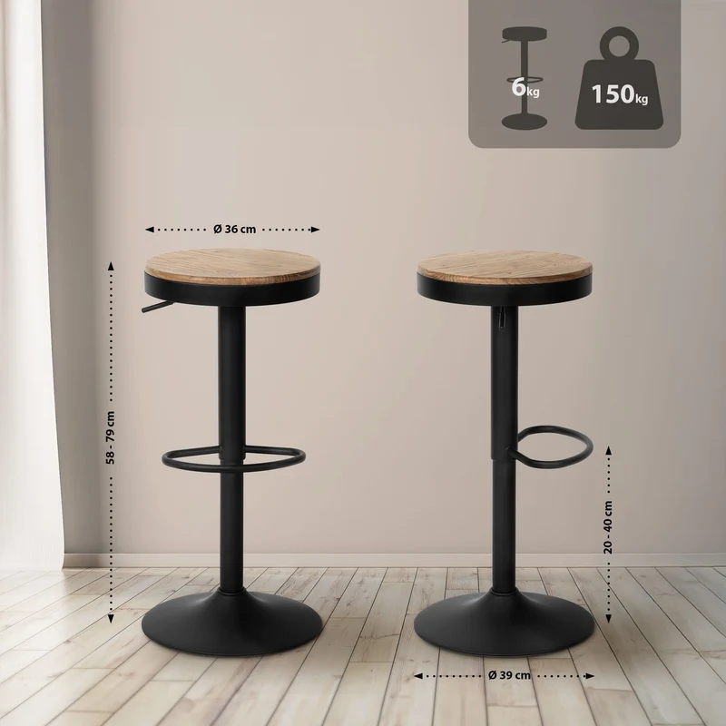 Lot de 2 tabourets de bar style industriel – Assise en bois et pied métal noir réglable et pivotant 10_0006776