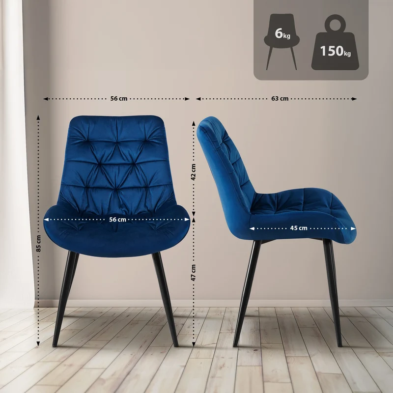 Chaises de salle à manger x2 en velours bleu cadre en métal noir confort & élégance intemporelle 10_0007460
