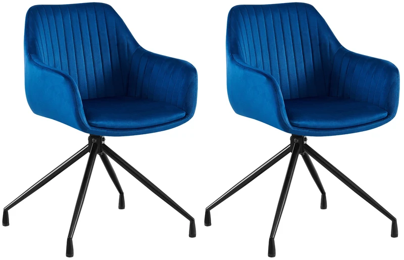 Lot de 2 fauteuils en velours bleu à piétement étoile en métal noir – Chaise style contemporain 10_0007680