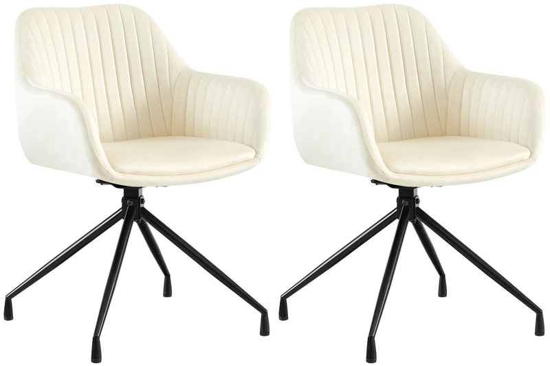 Lot de 2 fauteuils en velours crème à piétement étoile en métal noir – Chaise style contemporain 10_0007534