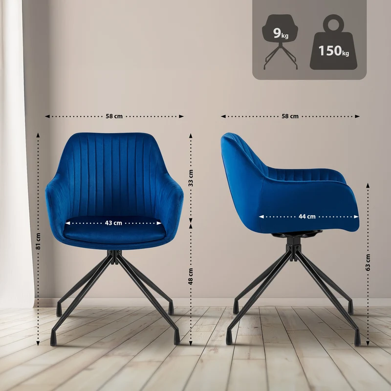 Fauteuil en velours bleu à piétement étoile en métal noir – Chaise confortable style contemporain 10_0007468