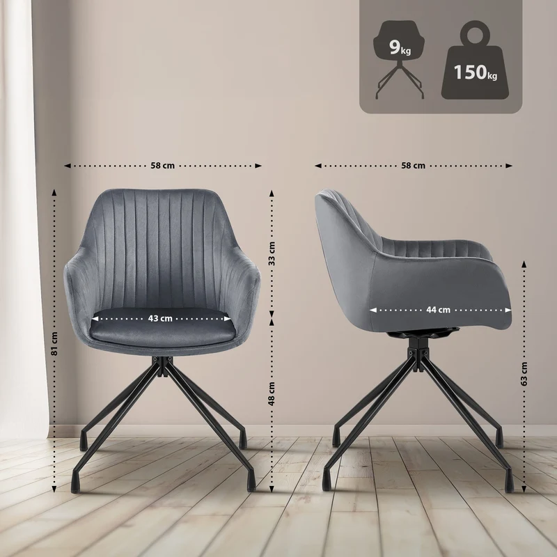 Fauteuil en velours gris foncé à piétement étoile en métal noir – Chaise confortable style contemporain 10_0007240