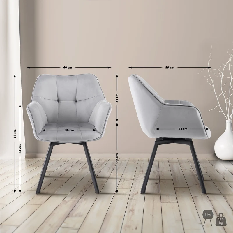 Chaise de salle à manger x1 assise pivotante confortable en velours gris foncé et métal noir 10_0007678