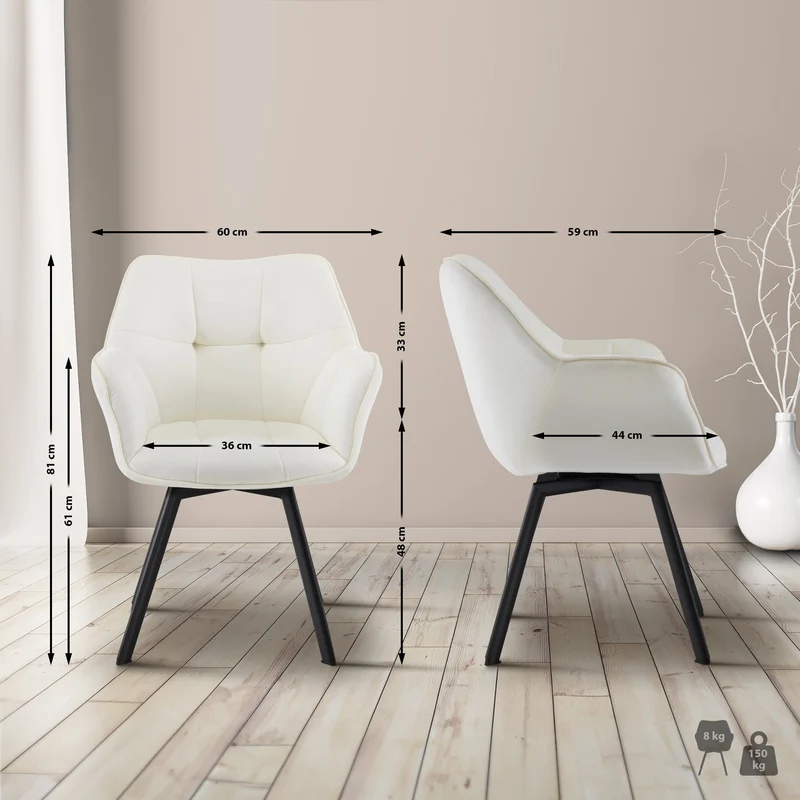Chaise de salle à manger x1 assise pivotante confortable en velours crème et métal noir 10_0007474
