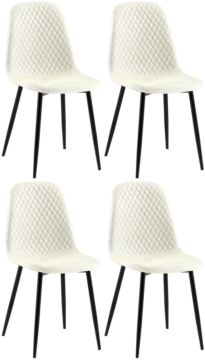Chaises de salle à manger x4 coutures décoratives losanges assise en tissu crème pieds métal noir mat 10_0007734