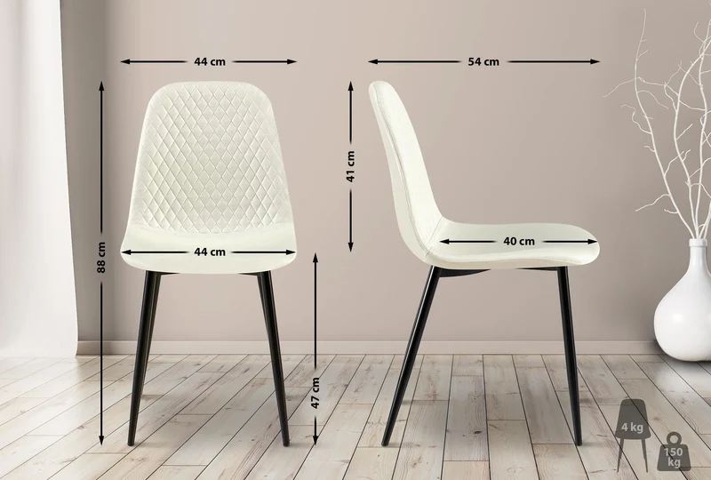 Chaises de salle à manger x4 coutures décoratives losanges assise en tissu crème pieds métal noir mat 10_0007734