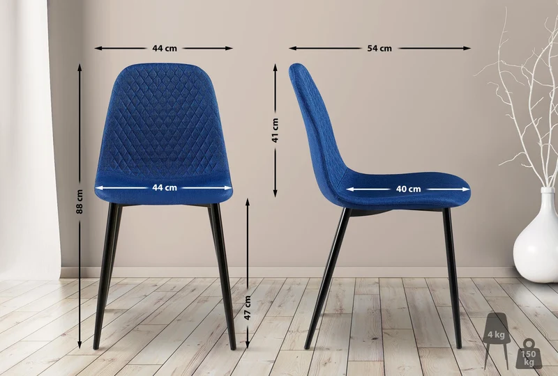 Chaises de salle à manger x4 coutures décoratives losanges assise en tissu bleu pieds métal noir mat 10_0007724
