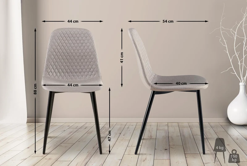 Chaises de salle à manger x4 coutures décoratives losanges assise en tissu gris pieds métal noir mat 10_0007684