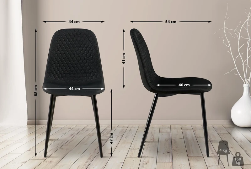 Chaise de salle à manger x1 coutures décoratives losanges assise en tissu noir pieds métal noir mat 10_0007274