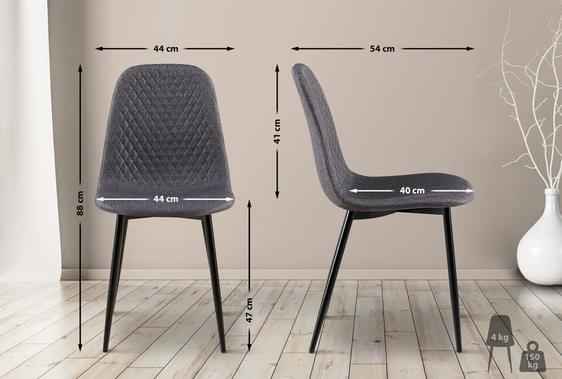 Chaise de salle à manger x1 coutures décoratives losanges assise en tissu gris foncé pieds métal noir mat 10_0007272