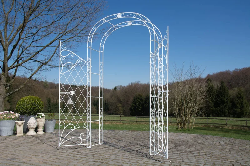 Arche à rosiers avec deux portes plantes grimpantes décoration jardin 220x120 cm en métal blanc 10_0003954