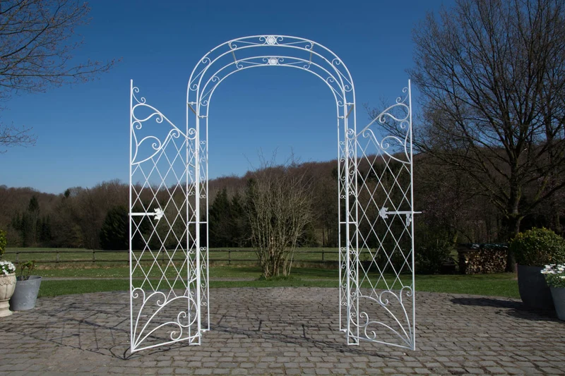Arche à rosiers avec deux portes plantes grimpantes décoration jardin 220x120 cm en métal blanc 10_0003954