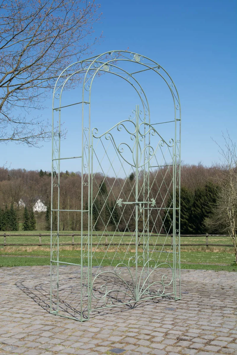 Arche à rosiers avec deux portes plantes grimpantes décoration jardin 220x120 cm en métal vert vieilli 10_0003955