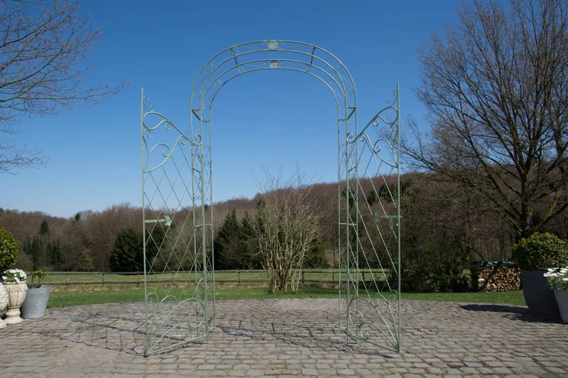 Arche à rosiers avec deux portes plantes grimpantes décoration jardin 220x120 cm en métal vert vieilli 10_0003955