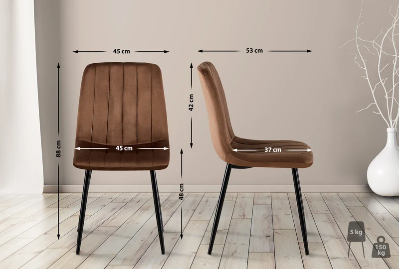 Chaise de salle à manger x1 coutures décoratives verticales assise en velours marron pieds en métal noir 10_0007284