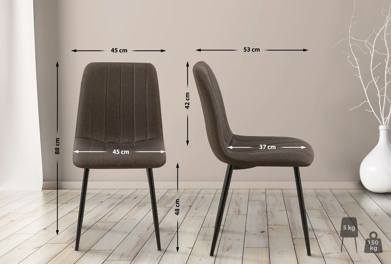 Chaise de salle à manger x1 coutures décoratives verticales assise en tissu marron pieds en métal noir 10_0007271