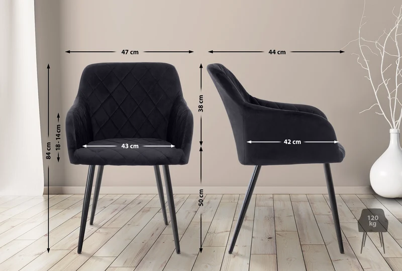 Lot de 2 chaises de salle à manger design retro coutures décoratives en losanges assise en velours noir 10_0007318