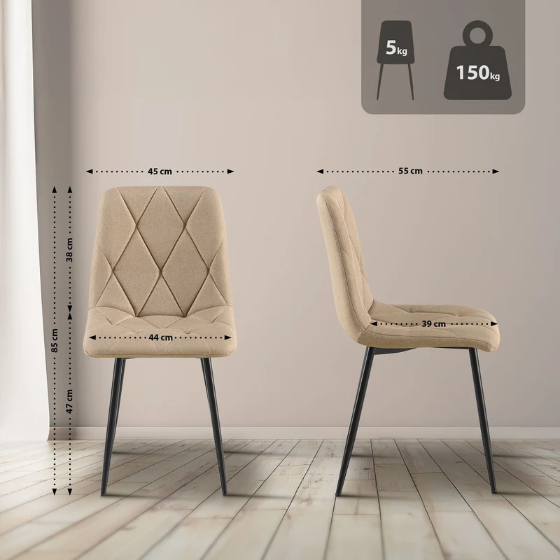 Lot de 2 chaises de salle à manger design moderne surpiqûres en losange tissu taupe et cadre métal noir 10_0007410