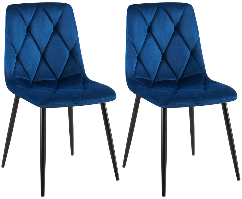 Lot de 2 chaises de salle à manger design moderne surpiqûres en losange velours bleu foncé et cadre métal noir 10_0007395