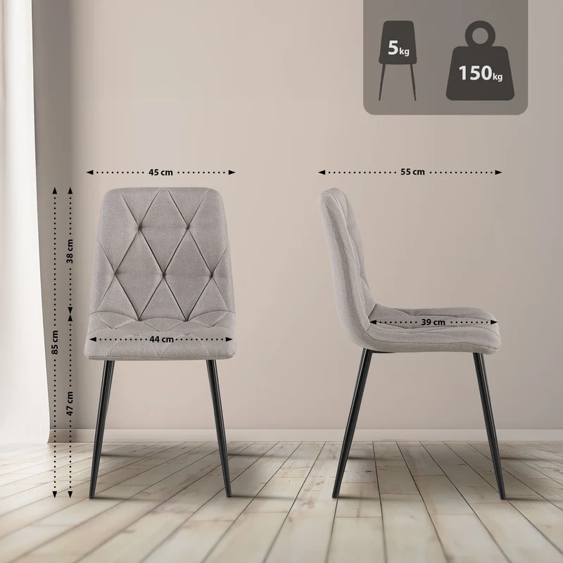 Chaise de salle à manger x1 design moderne surpiqûres en losange tissu gris et cadre métal noir 10_0007366