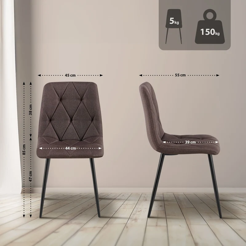 Lot de 2 chaises de salle à manger design moderne surpiqûres en losange tissu marron et cadre métal noir 10_0007349