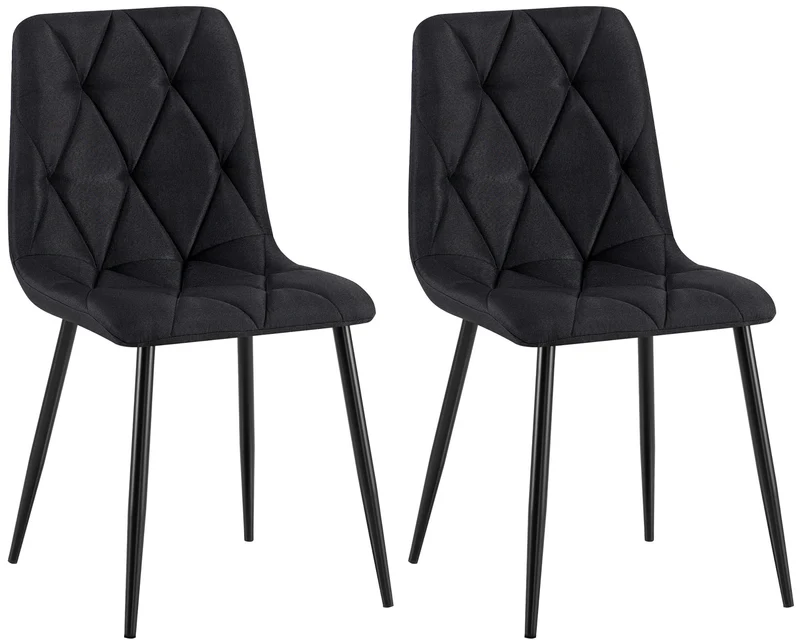 Lot de 2 chaises de salle à manger design moderne surpiqûres en losange tissu noir et cadre métal noir 10_0007337