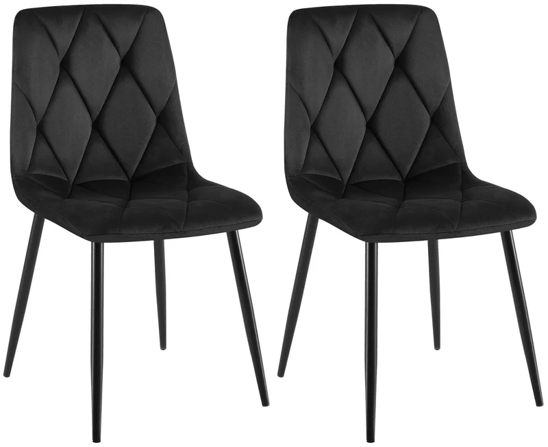 Lot de 2 chaises de salle à manger design moderne surpiqûres en losange velours noir et cadre métal noir 10_0007317