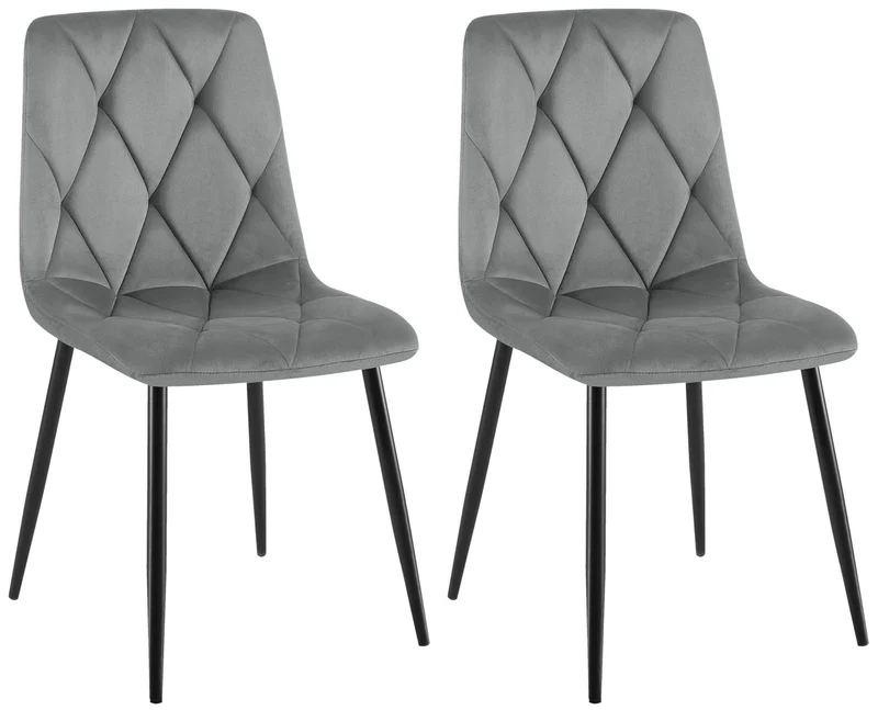 Lot de 2 chaises de salle à manger design moderne surpiqûres en losange velours gris et cadre métal noir 10_0007316