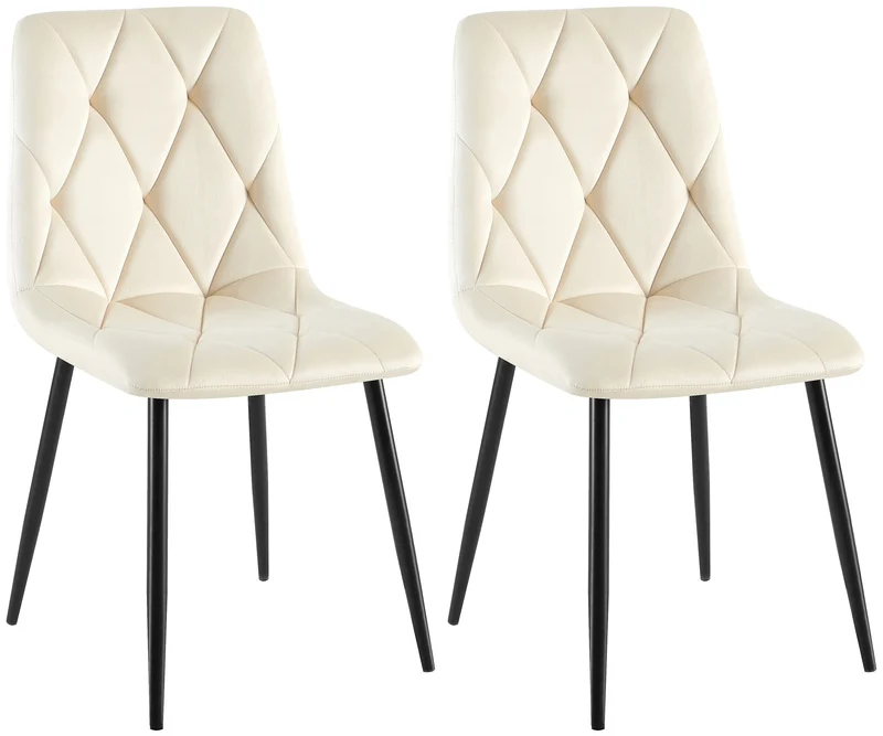 Lot de 2 chaises de salle à manger design moderne surpiqûres en losange velours crème et cadre métal noir 10_0007313