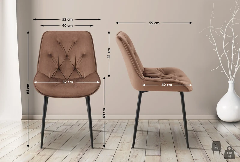 Lot de 2 chaises de salle à manger assise et dossier capitonné en velours marron et métal noir 10_0007499