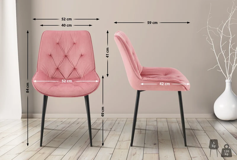 Lot de 2 chaises de salle à manger assise et dossier capitonné en velours rose et métal noir 10_0007459