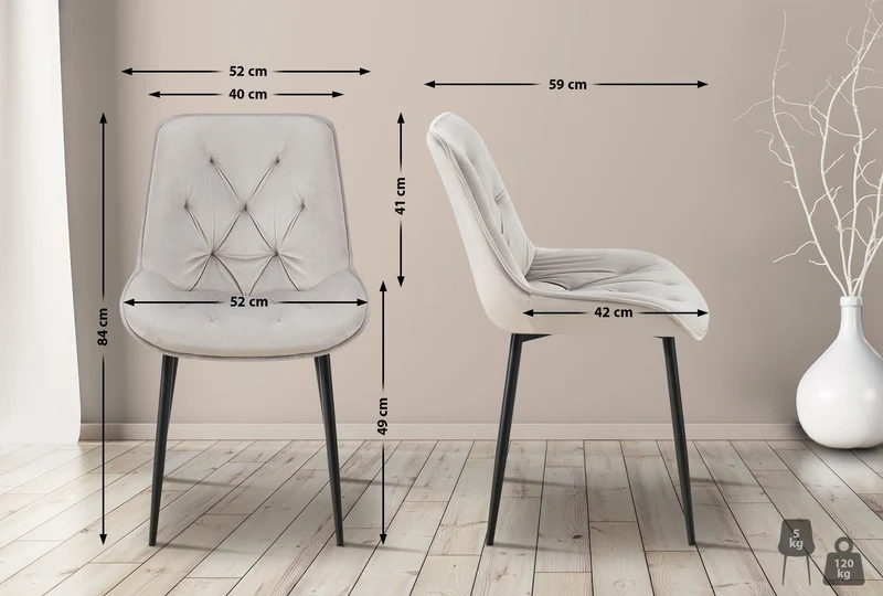 Lot de 2 chaises de salle à manger assise et dossier capitonné en velours gris et métal noir 10_0007354