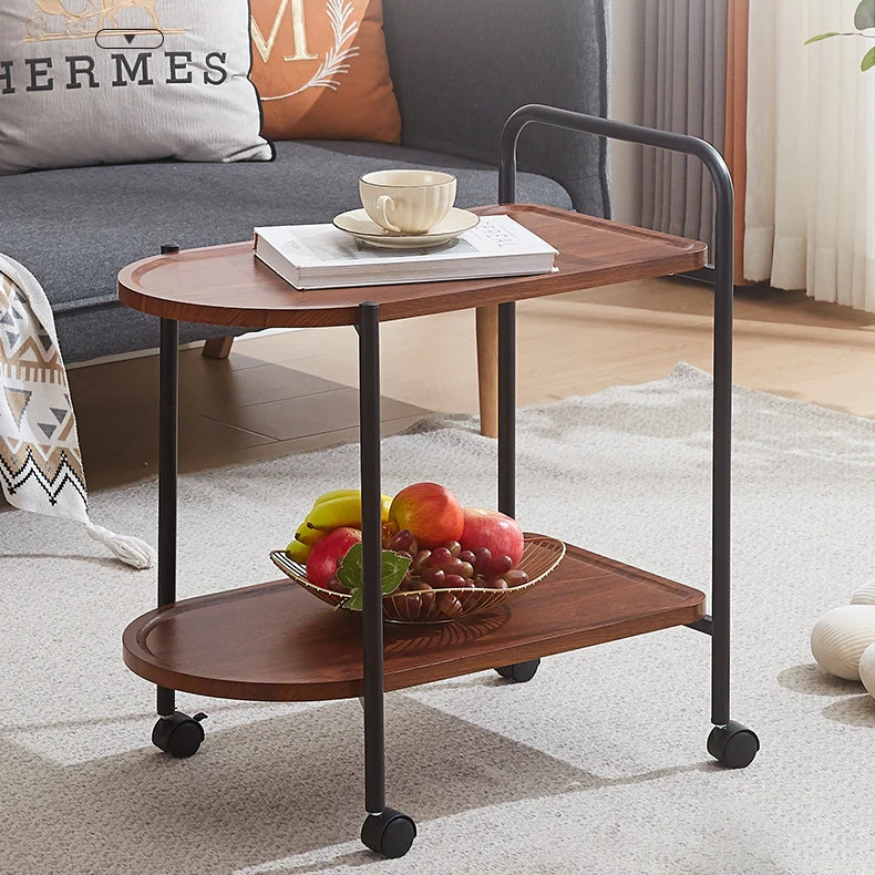 Contemporary Nordic Stainless Steel And Solid Wood Oval End Table With 2-Tier And Mobility For Living Room