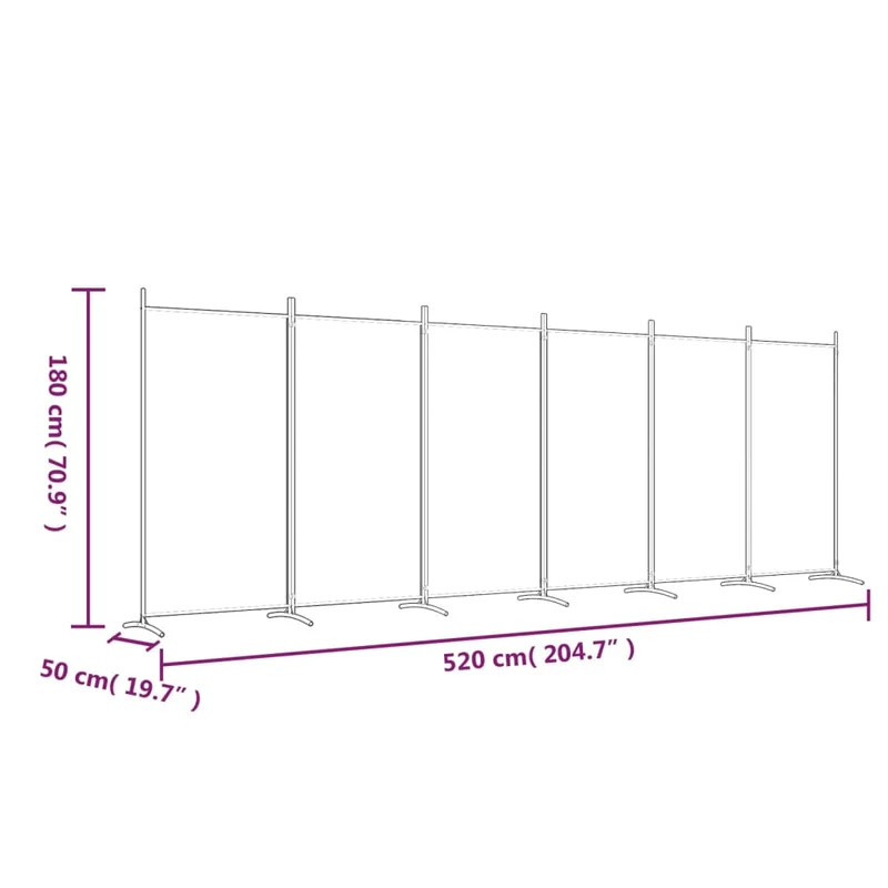 Paravent séparateur de pièce cloison 6 panneaux 520 x 180 cm tissu blanc et fer DEC031050