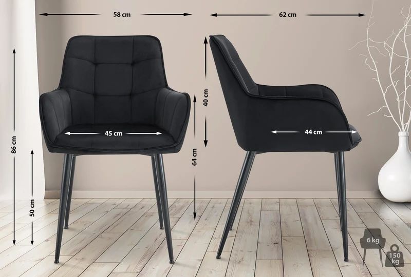 Lot de 2 chaises de salle à manger avec accoudoirs en velours noir capitonné cadre métal noir 10_0007564