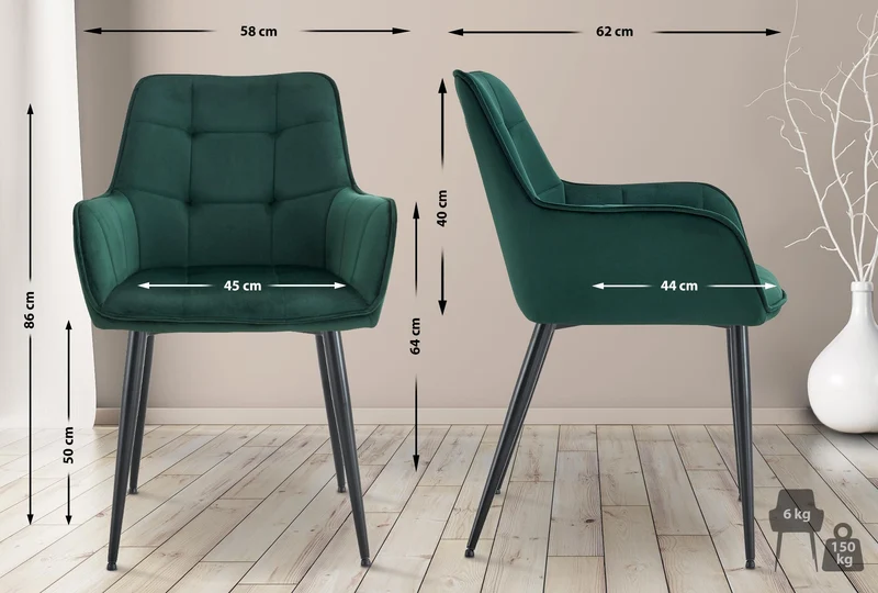 Lot de 2 chaises de salle à manger avec accoudoirs en velours vert foncé capitonné cadre métal noir 10_0007549