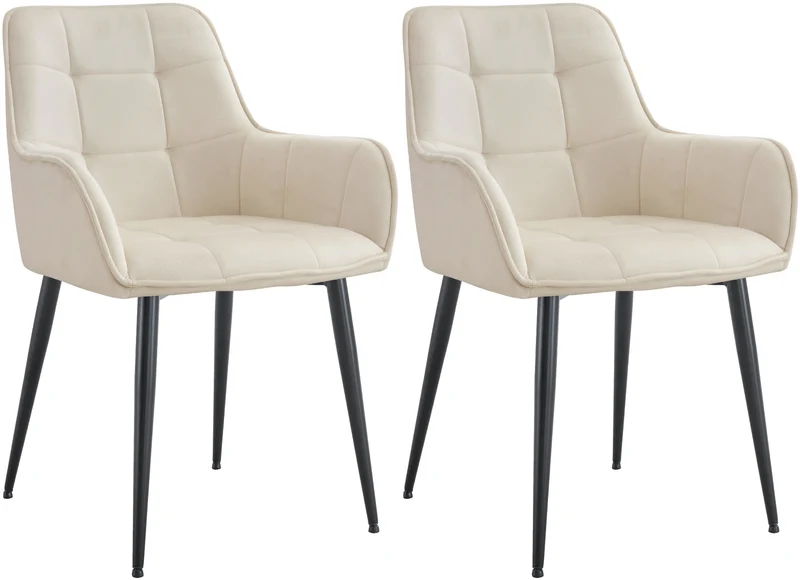 Lot de 2 chaises de salle à manger avec accoudoirs en velours crème capitonné cadre métal noir 10_0007509